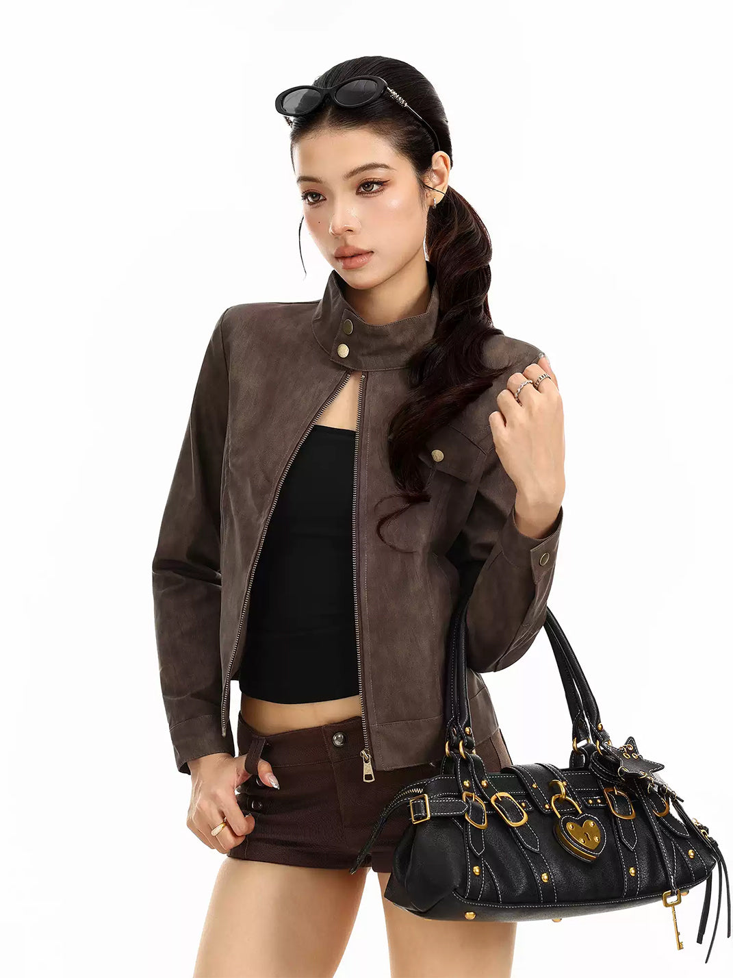 Brown Textured Faux-Leather Cropped Zip Jacket - view 5
