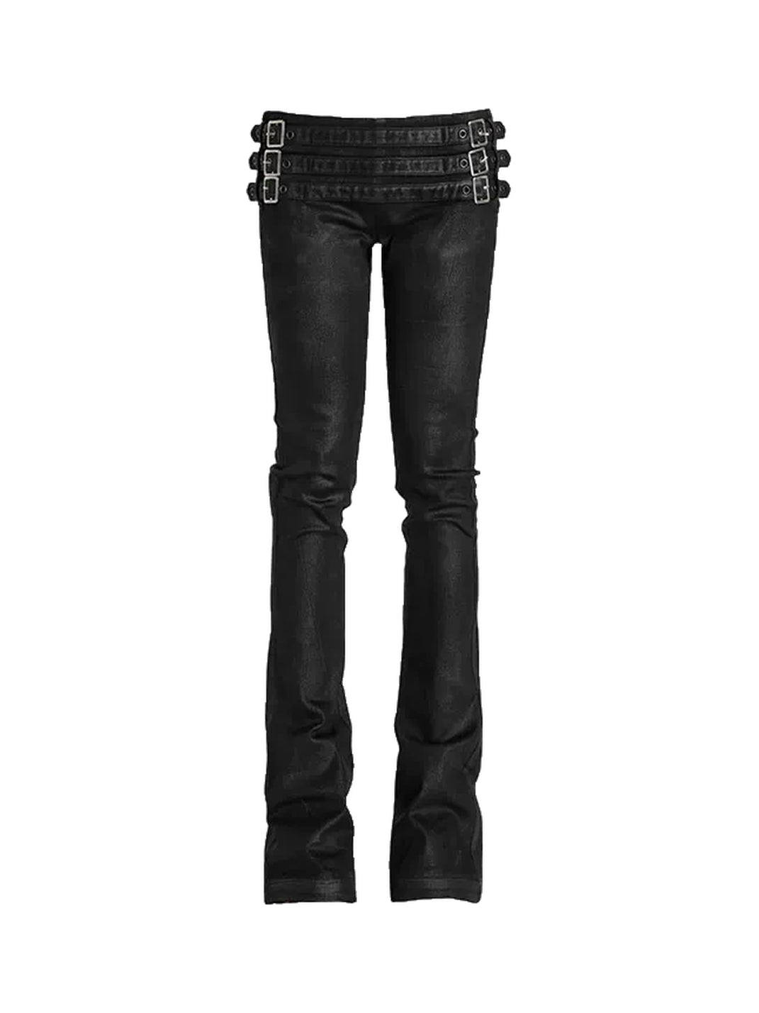 Buckle-Waist Waxed Black Flare Jeans — product view 1