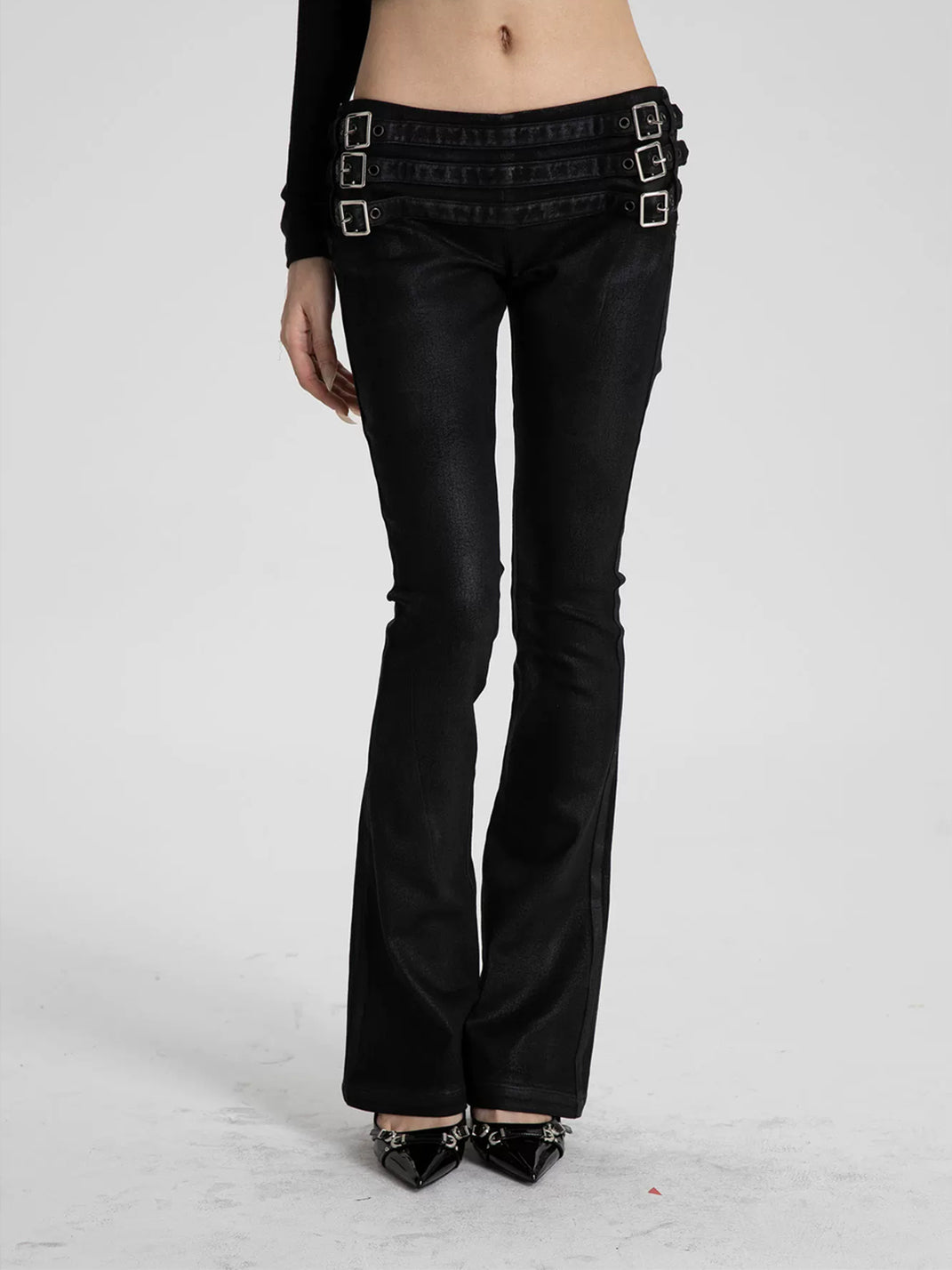 Buckle-Waist Waxed Black Flare Jeans — product view 2