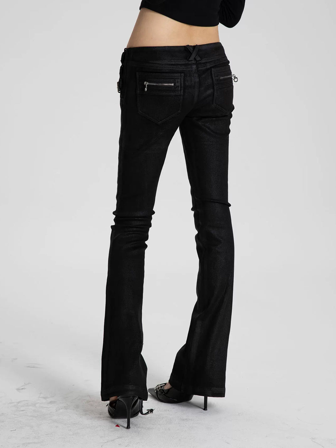 Buckle-Waist Waxed Black Flare Jeans — product view 4