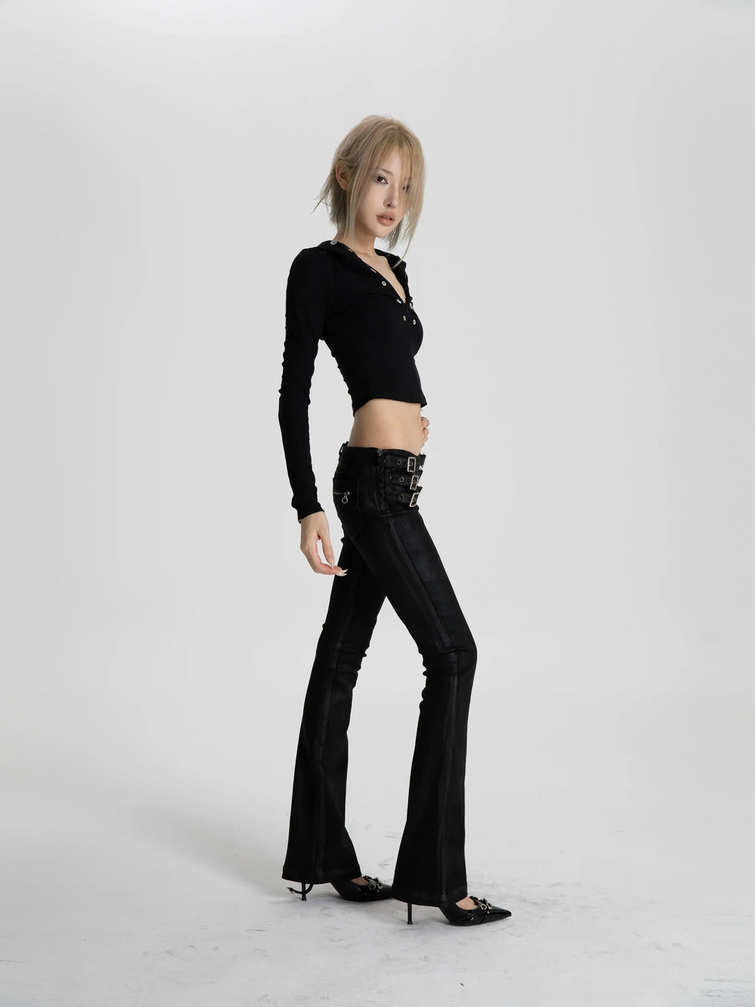 Buckle-Waist Waxed Black Flare Jeans — product view 6