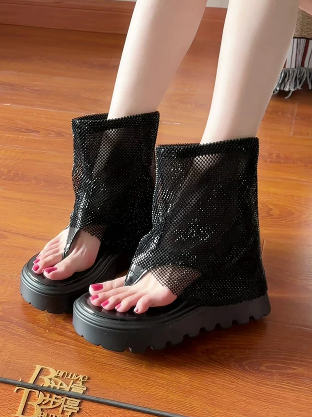 Rhinestone Mesh Platform Knee-High Sandal Boots - View 2
