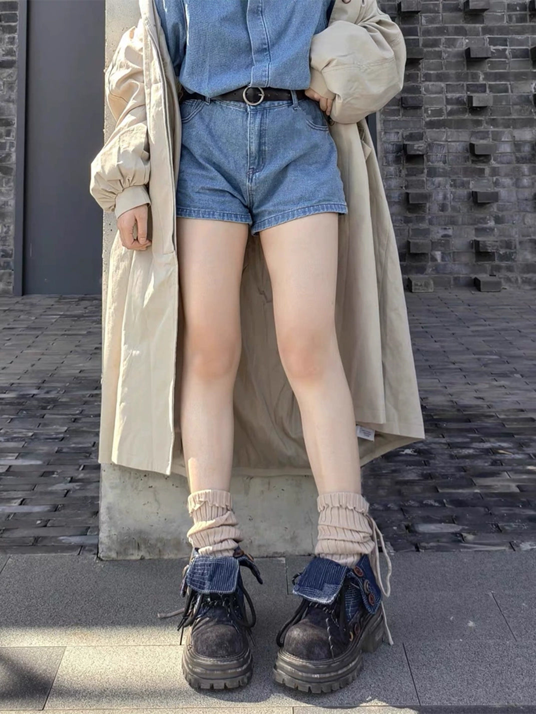 Button-Cuff Denim Platform Ankle Boots - Front view worn with the denim cuffs folded down