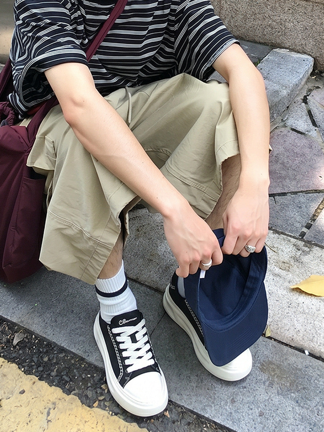 Black Chain-Trim Contrast-Stitch Platform Sneakers - View 2
