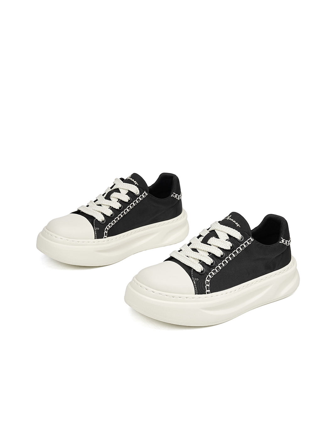 Black Chain-Trim Contrast-Stitch Platform Sneakers - View 9