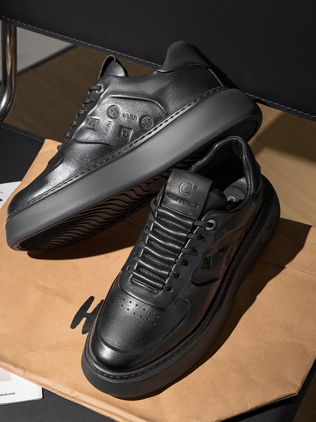 Black Embossed Leather Platform Low-Top Sneakers - View 5