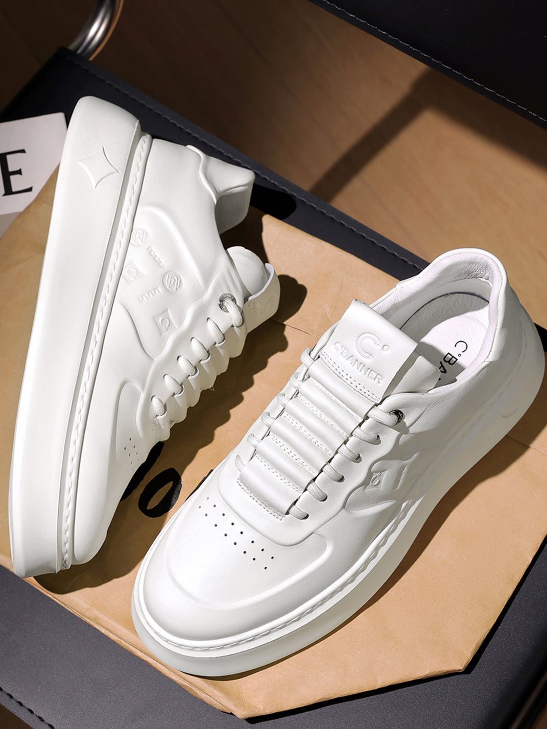White Monogram-Texture Chunky Platform Sneakers - View 5
