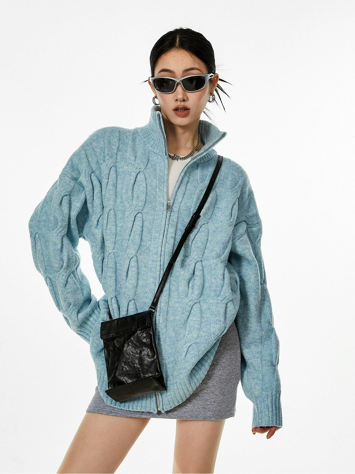 Ribbed Trim Cable Knit Zip-Up Cardigan
