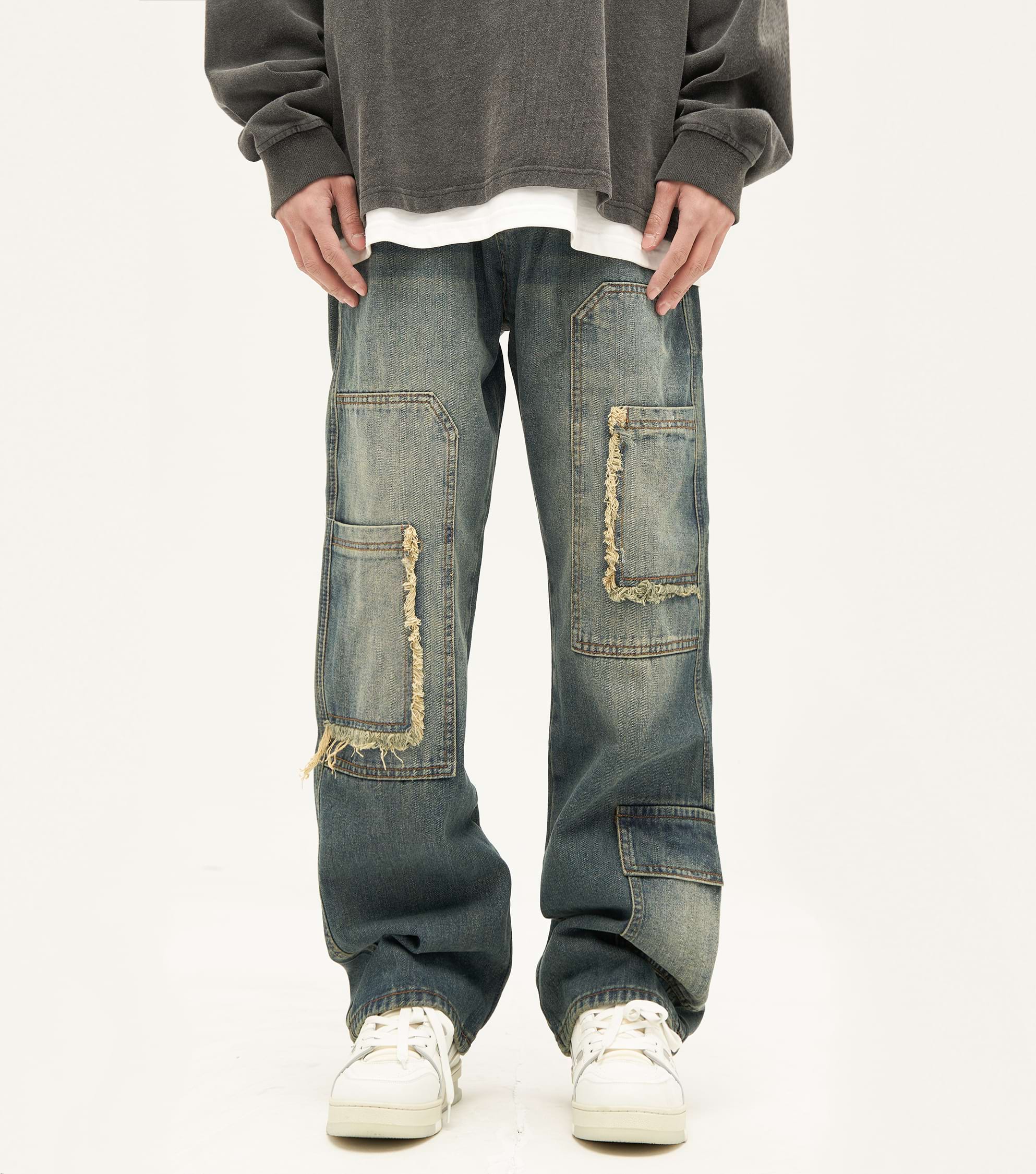Patchwork Distressed Wide Leg Pocket Jeans