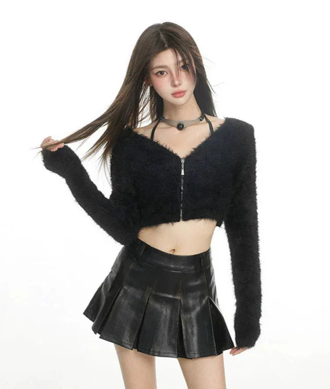Black Fuzzy Cropped Zip Cardigan