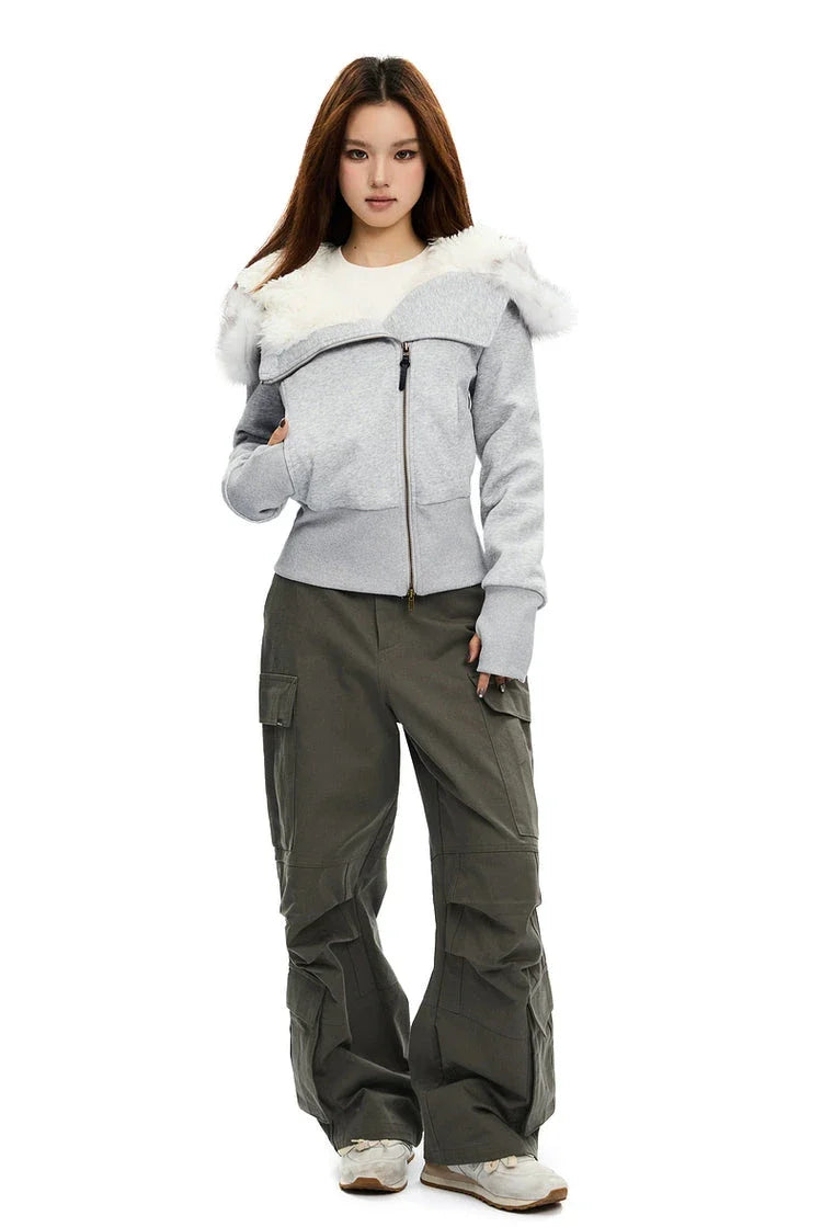 Zip-Up Hoodie with White Faux Fur Hood Trim