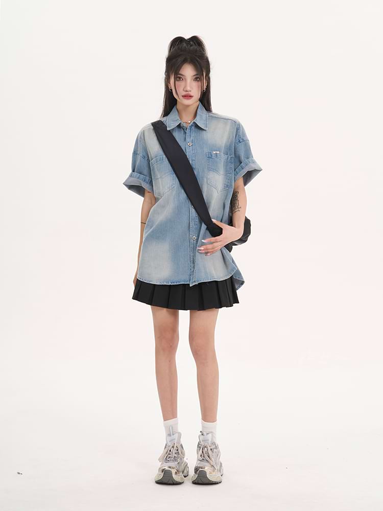 오버사이즈 페이디드 데님 버튼 셔츠