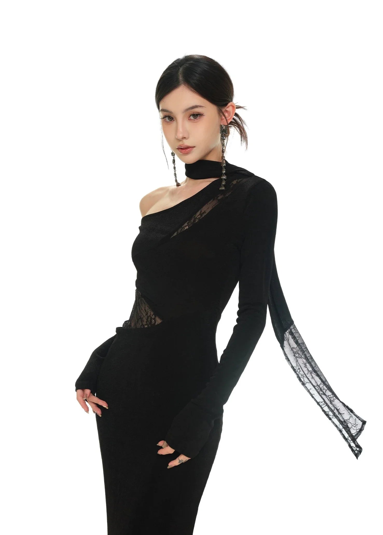 Black Asymmetric Neckline and Lace Inserts Long Evening Gown