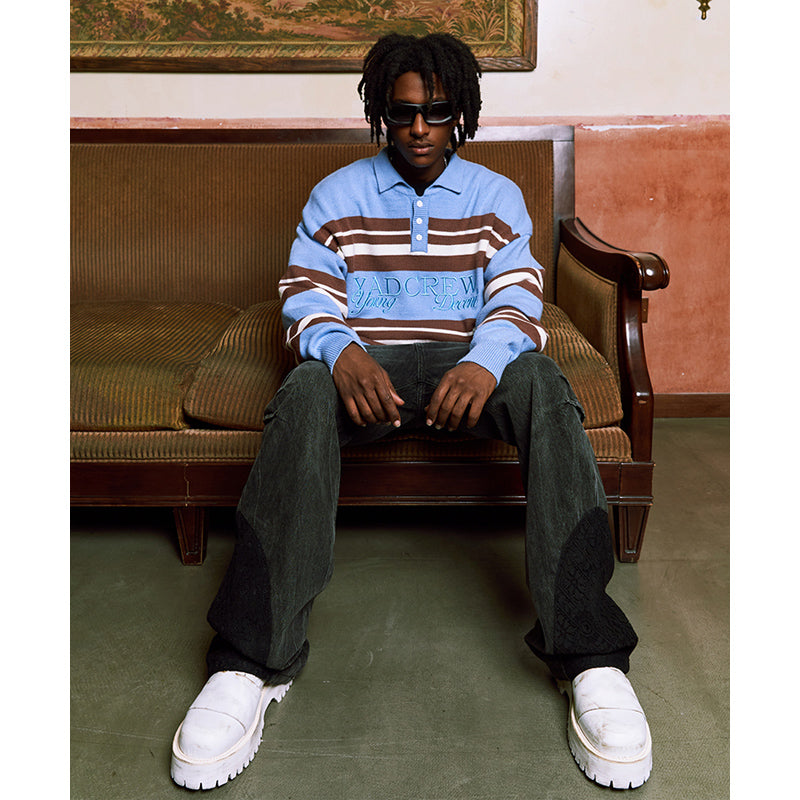 Classic Striped Polo Neck Knit Sweater - chiclara