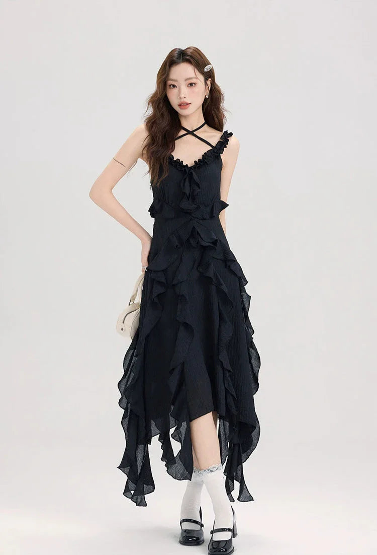 Black Ruffle Asymmetric Halter Dress