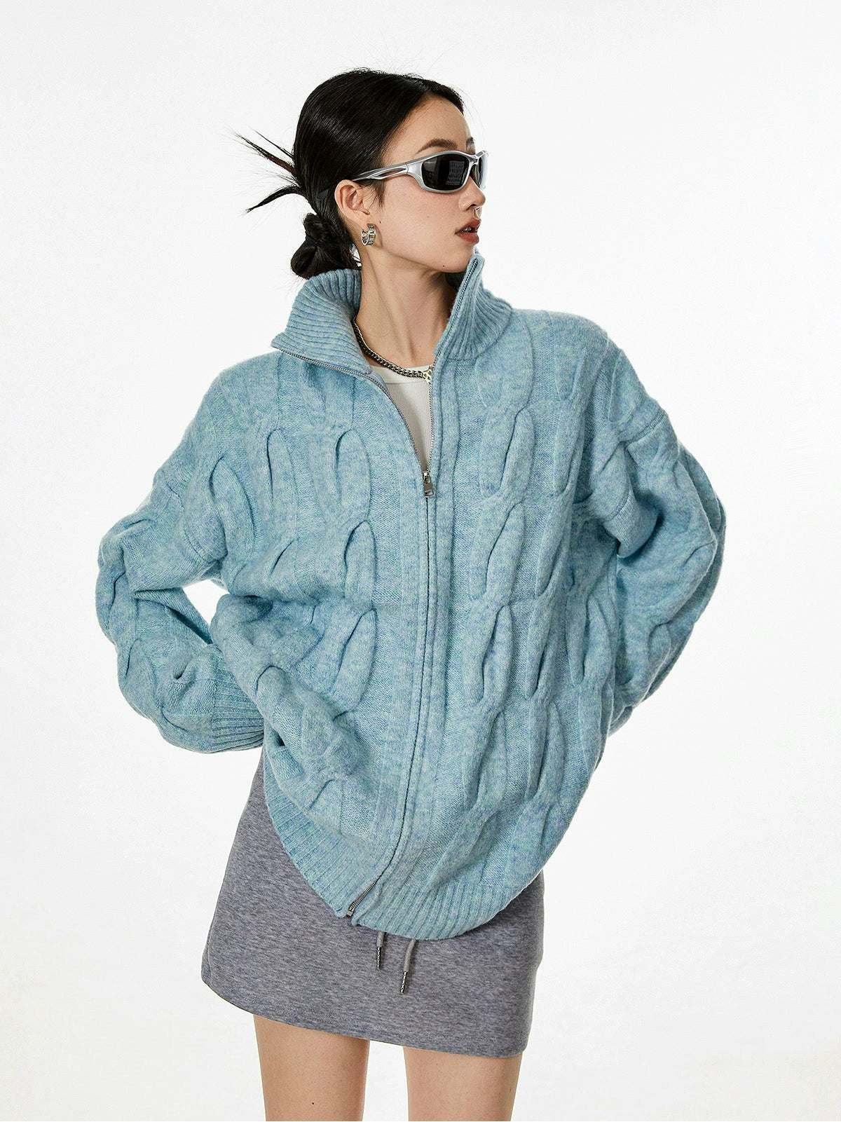 Ribbed Trim Cable Knit Zip-Up Cardigan