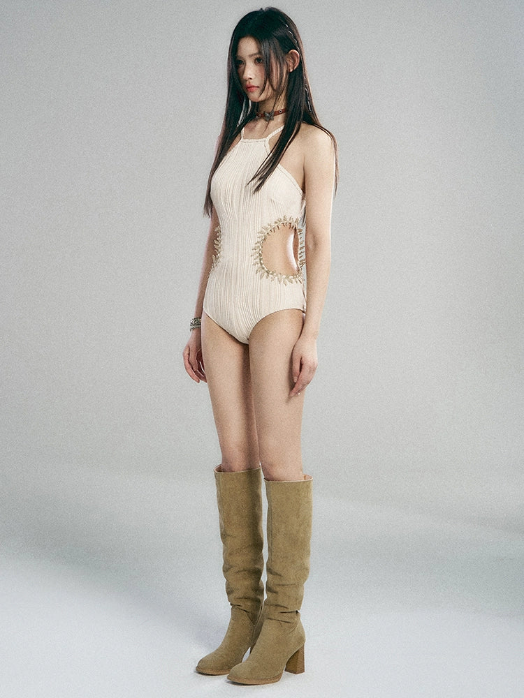 Beige Cutout Ribbed One-Piece Swimsuit