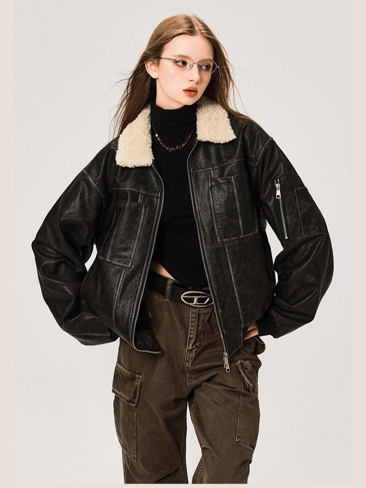 Veste en cuir PU avec col en laine d'agneau