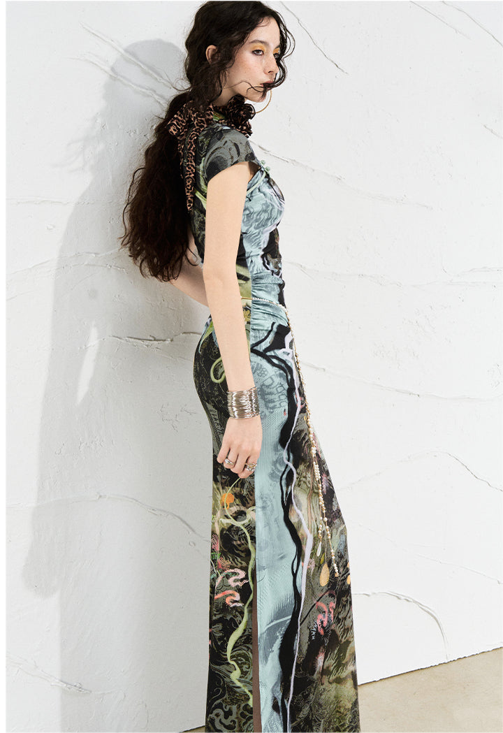 Abstract Marble Print Evening Maxi Dress