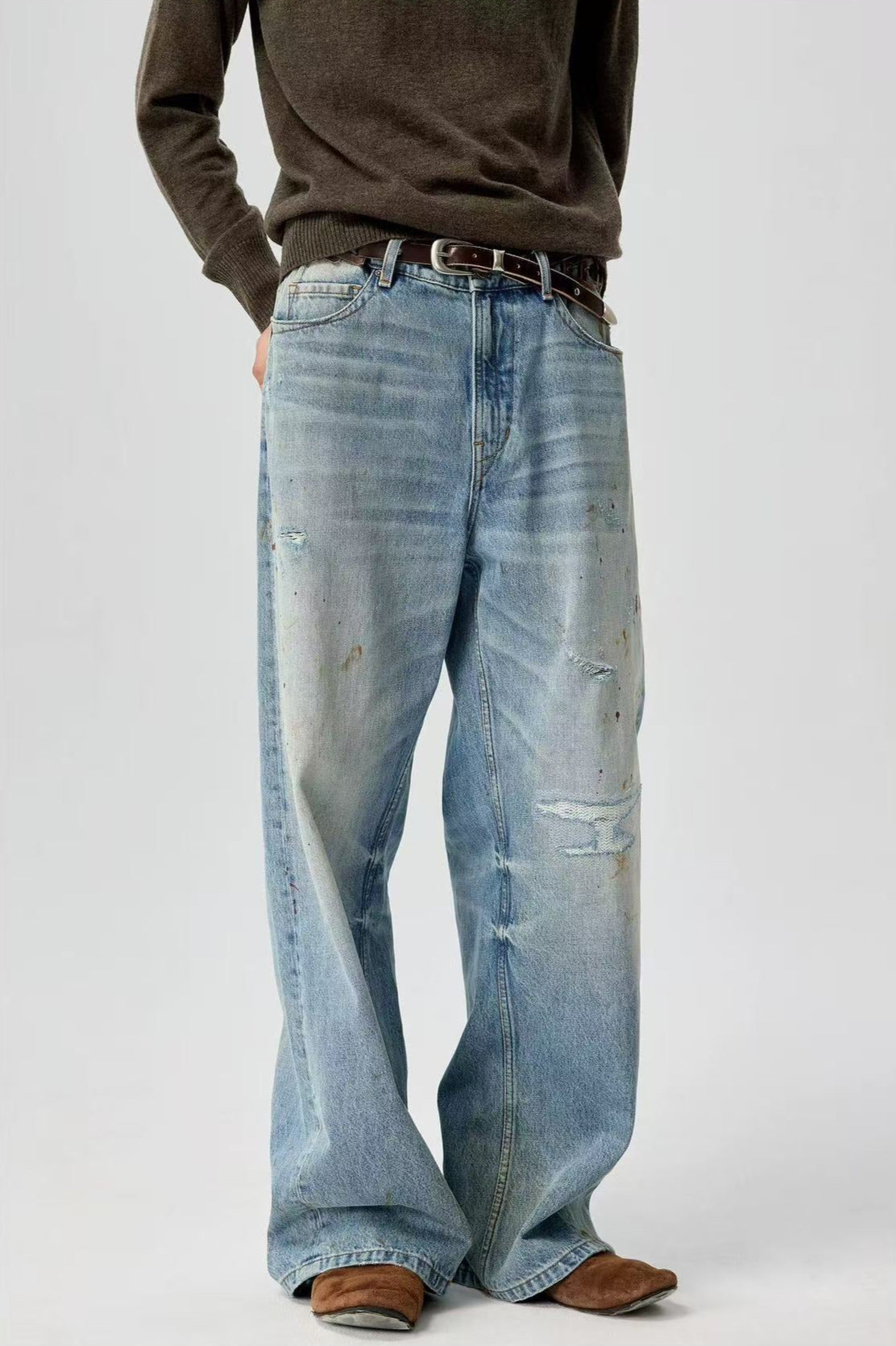 Splatter Distressed Twisted-Seam Jeans