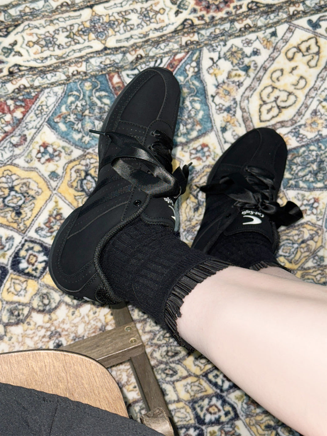 Black Ribbon-Lace Minimalist Sneakers - View 3