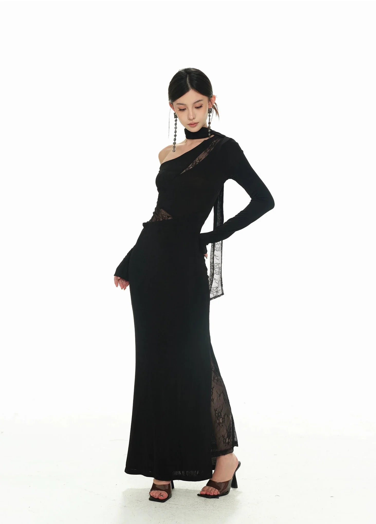 Black Asymmetric Neckline and Lace Inserts Long Evening Gown