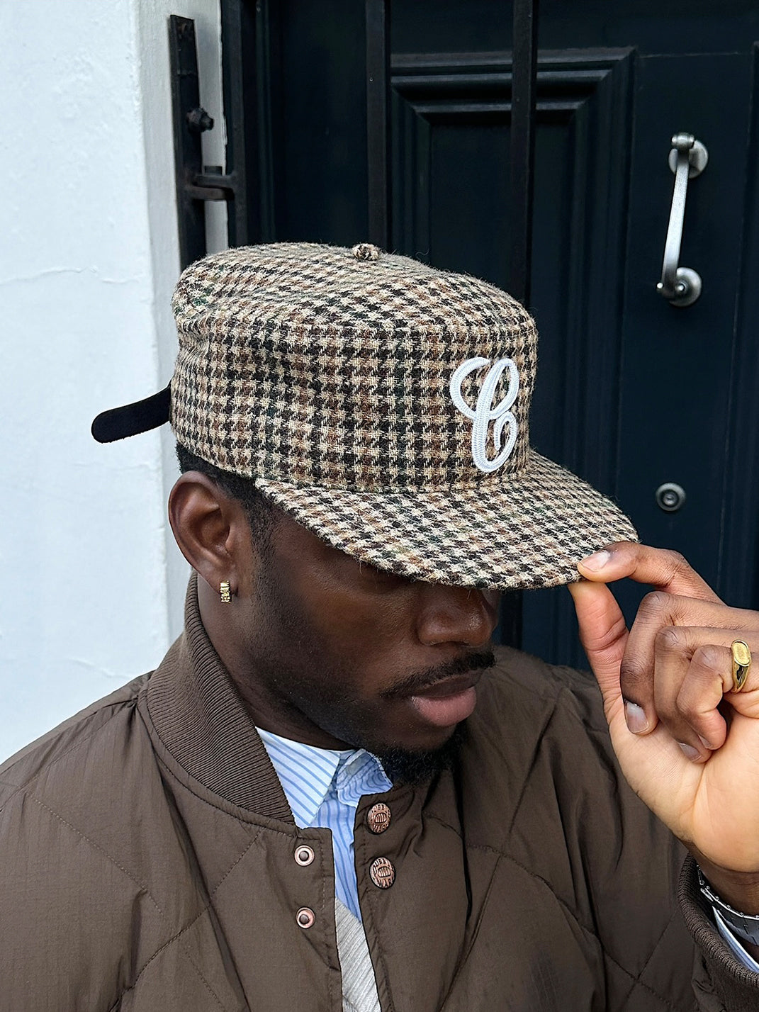 C-Embroidered Flat-Crown Cap - Brown Houndstooth - Close worn front - view 2