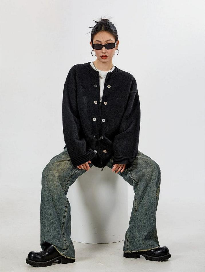 Ribbed Trim Oversized Button Zip Knit Cardigan