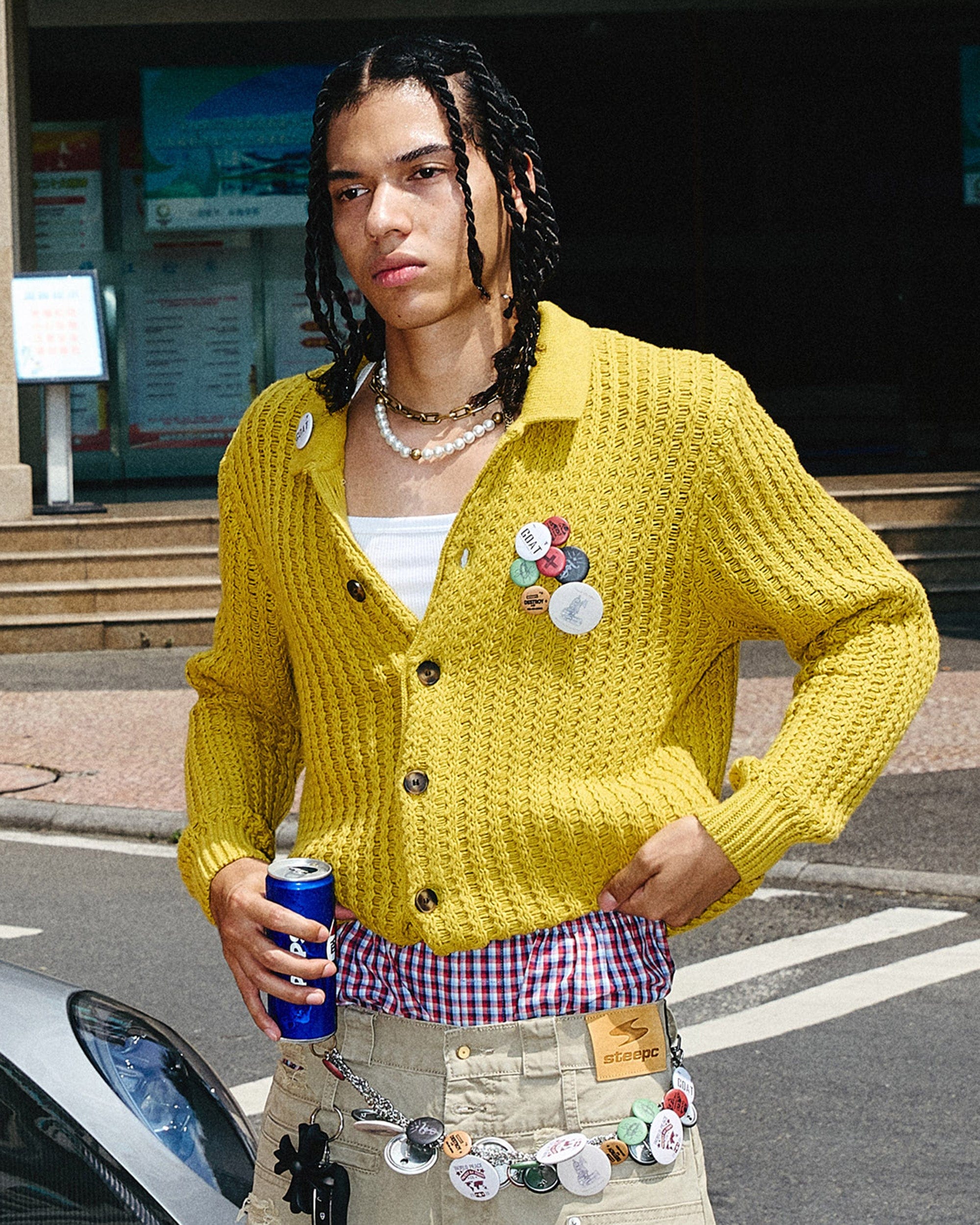Retro Yellow Strick -Strickjacke
