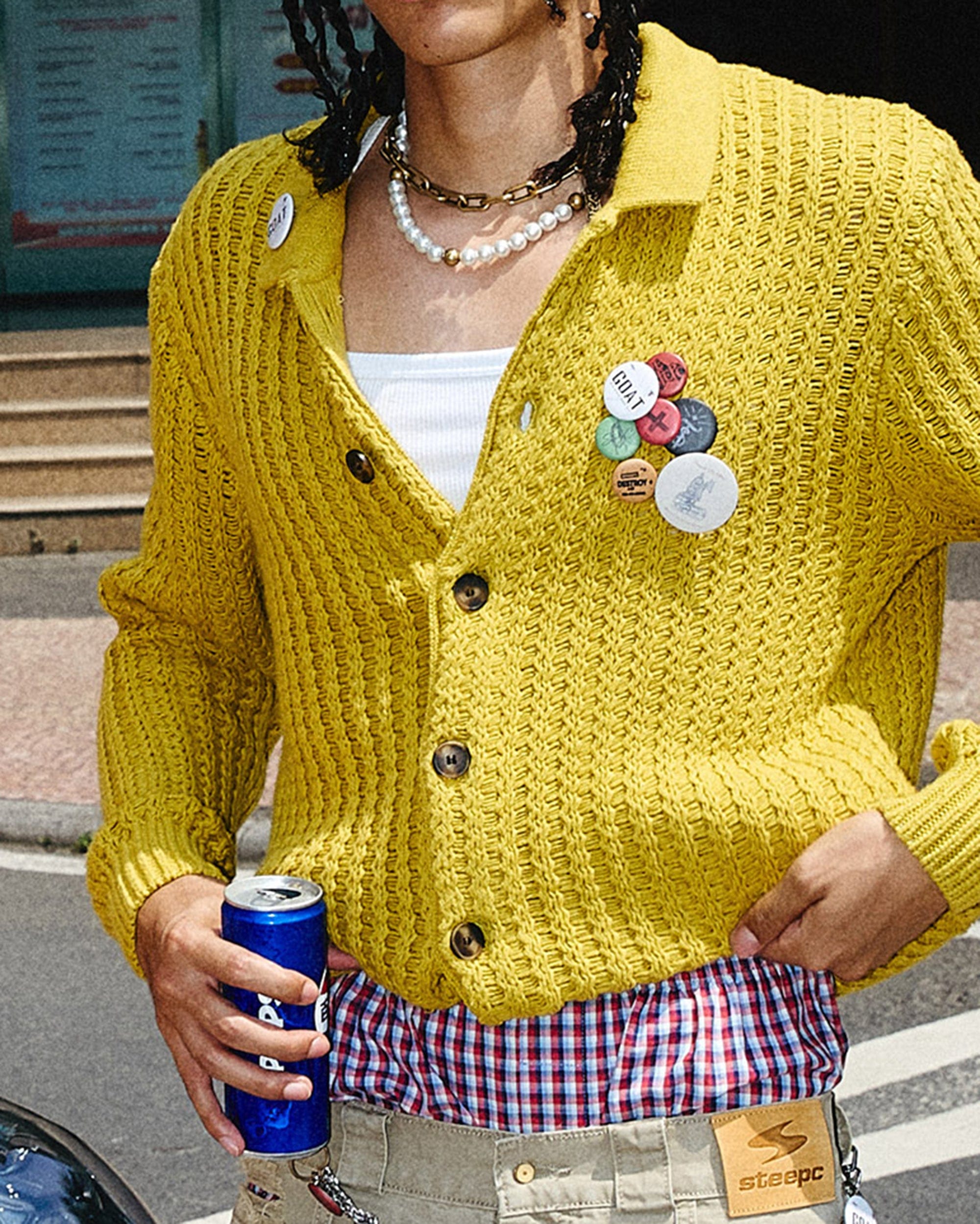 Retro Yellow Strick -Strickjacke