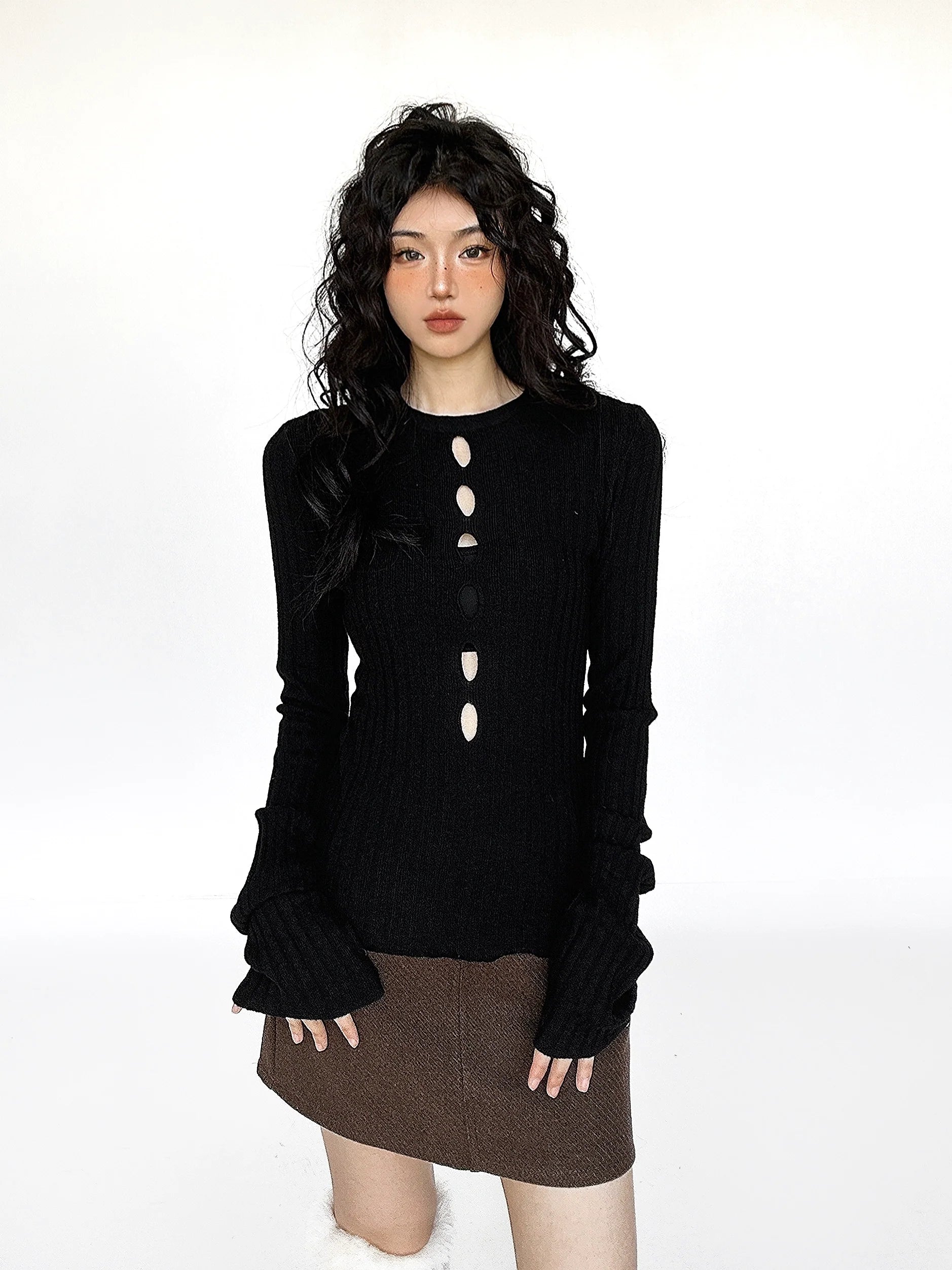 Cutout Ribbed Bell Sleeve Top