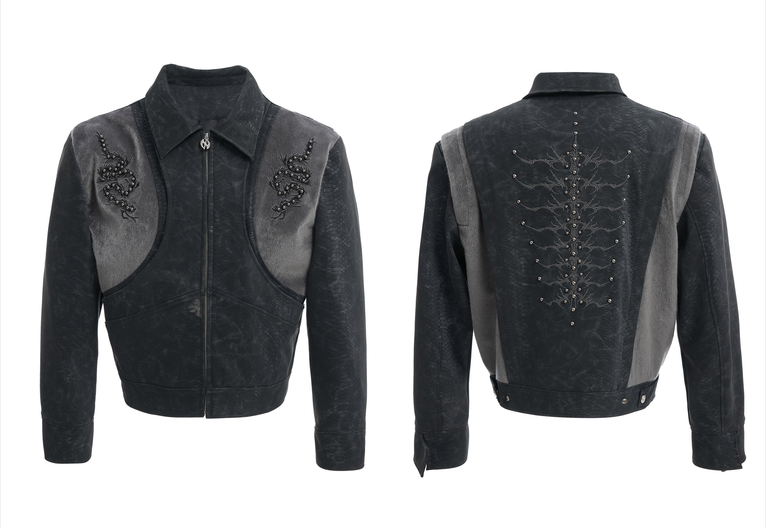 Embellished Snake Pattern Leather Moto Jacket