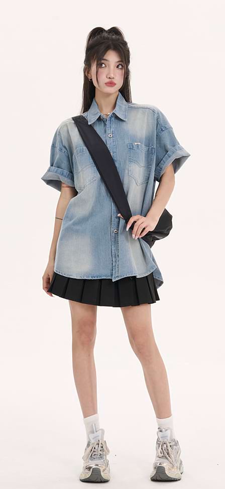 오버사이즈 페이디드 데님 버튼 셔츠