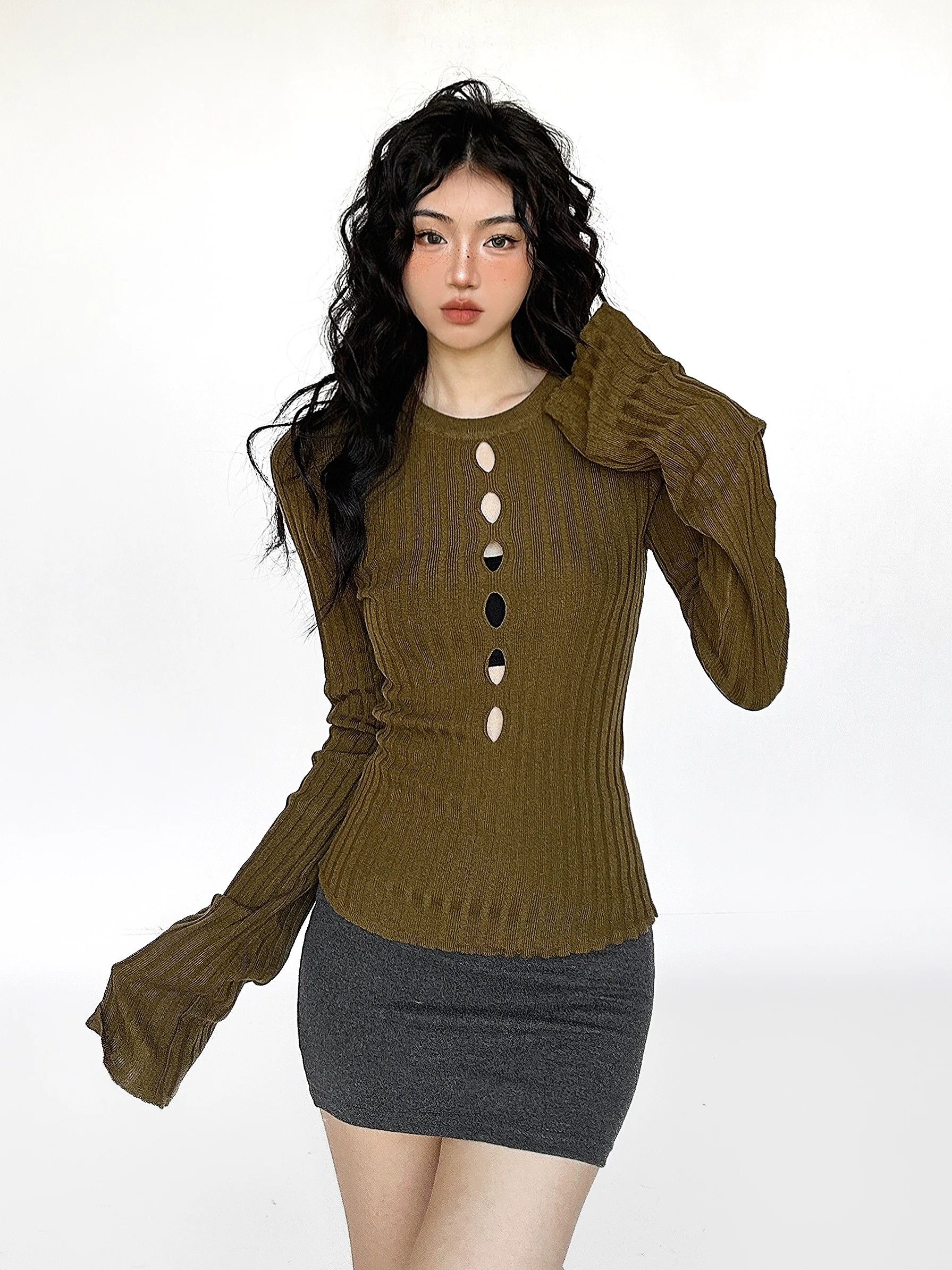 Cutout Ribbed Bell Sleeve Top