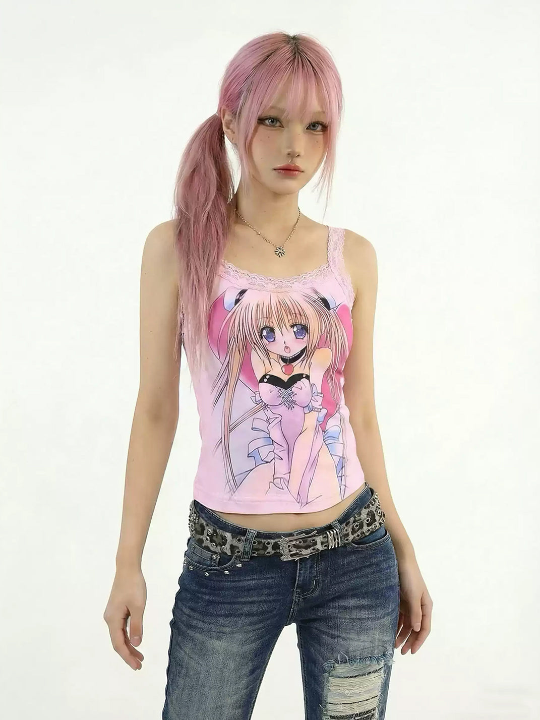 Pink Portrait Lace-Edge Cotton Cami — product view 3