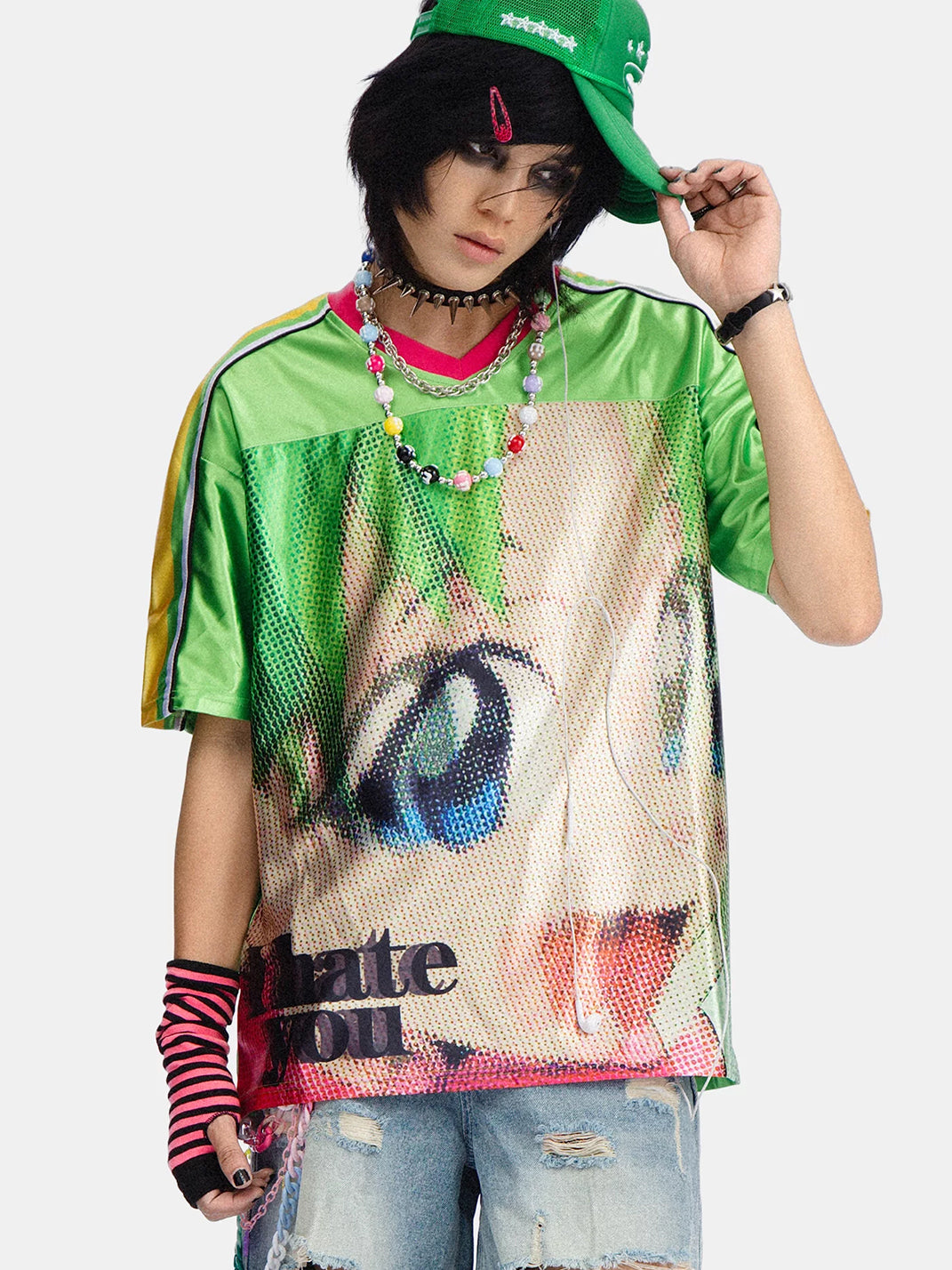 Anime-Eye Contrast V-Neck Jersey Tee — product view 1