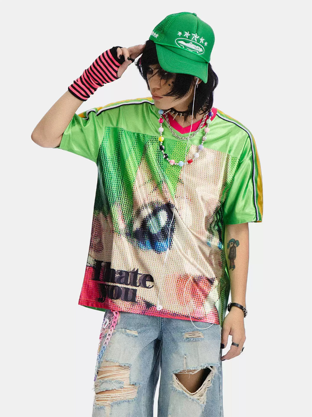 Anime-Eye Contrast V-Neck Jersey Tee — product view 2