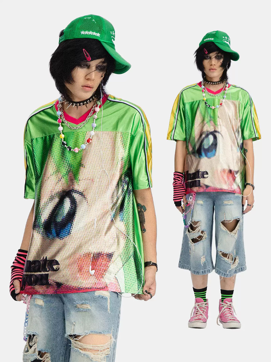 Anime-Eye Contrast V-Neck Jersey Tee — product view 3