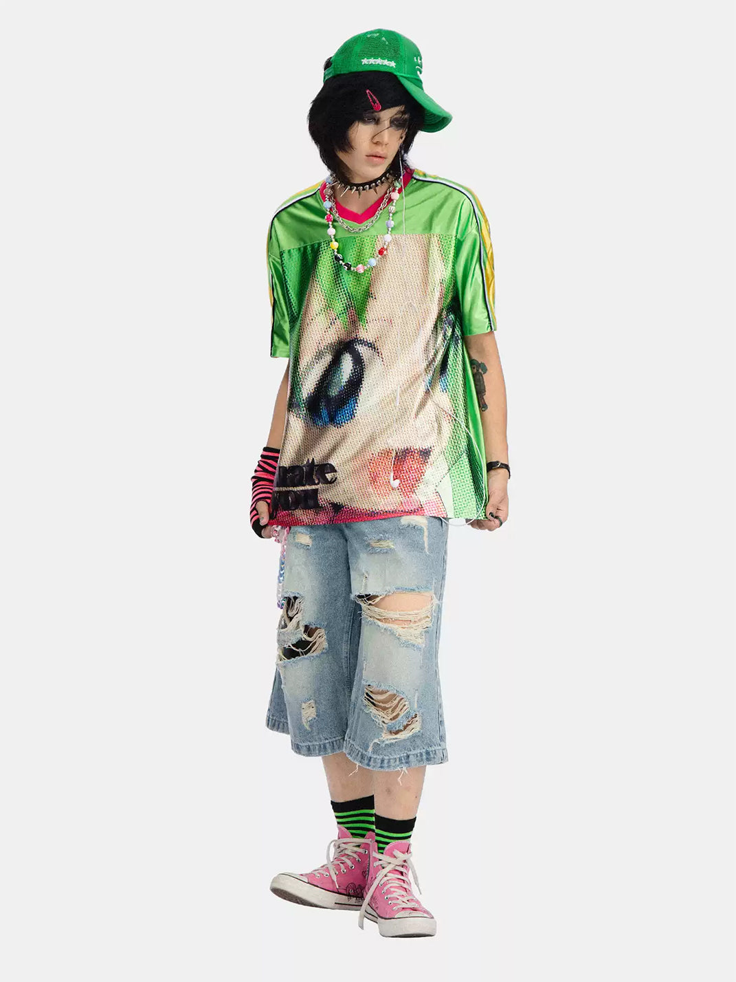 Anime-Eye Contrast V-Neck Jersey Tee — product view 6