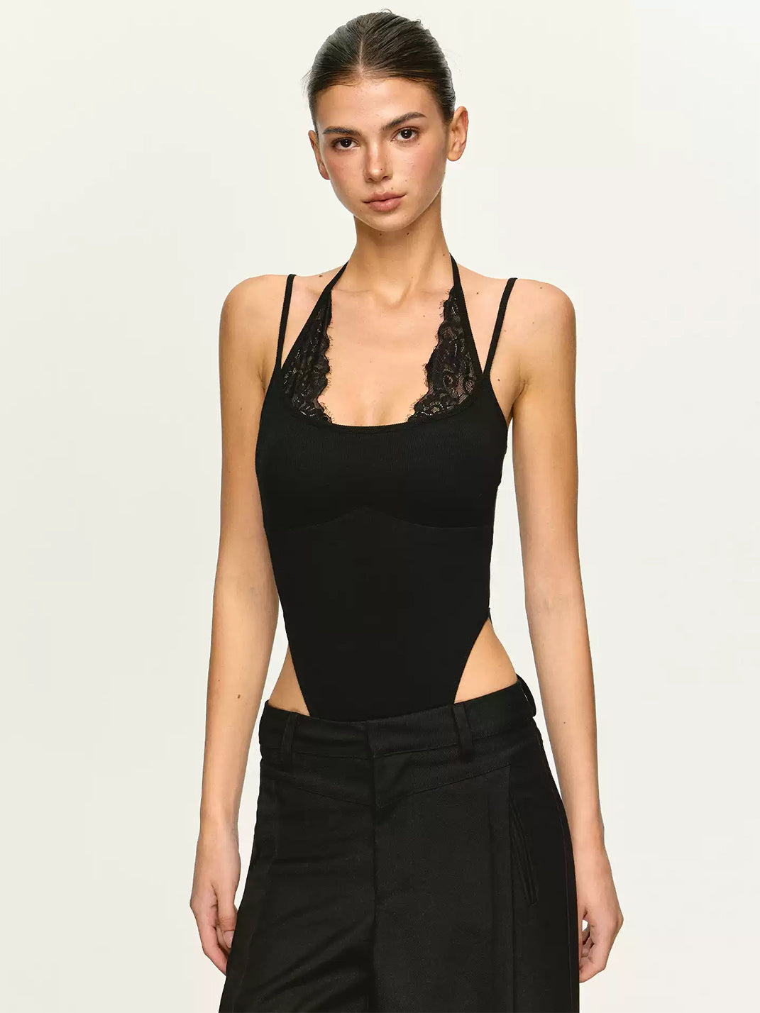 Lace-Edge Cutout Halter Bodysuit — product view 1