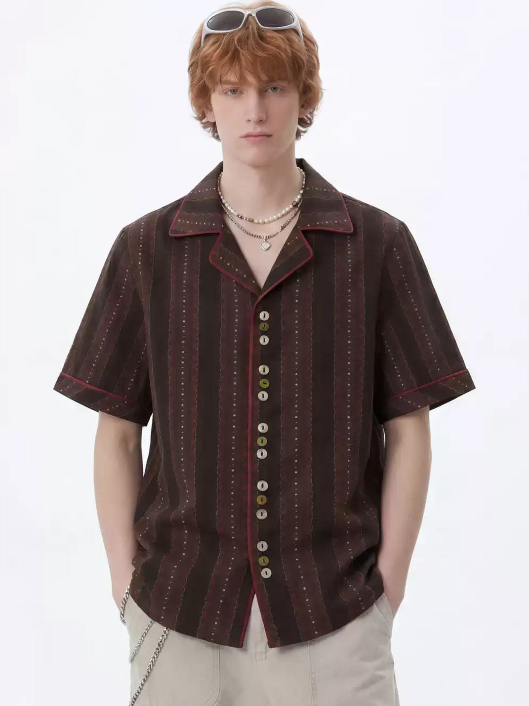 Coffee Stripe Contrast-Trim Camp Shirt — product view 3