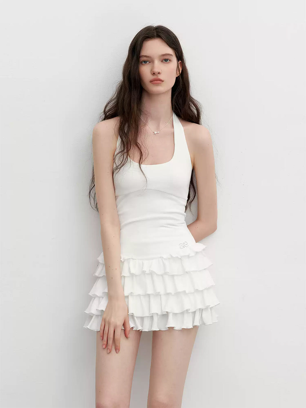 Rhinestone Halter Ruffle-Hem Mini Dress — product view 2