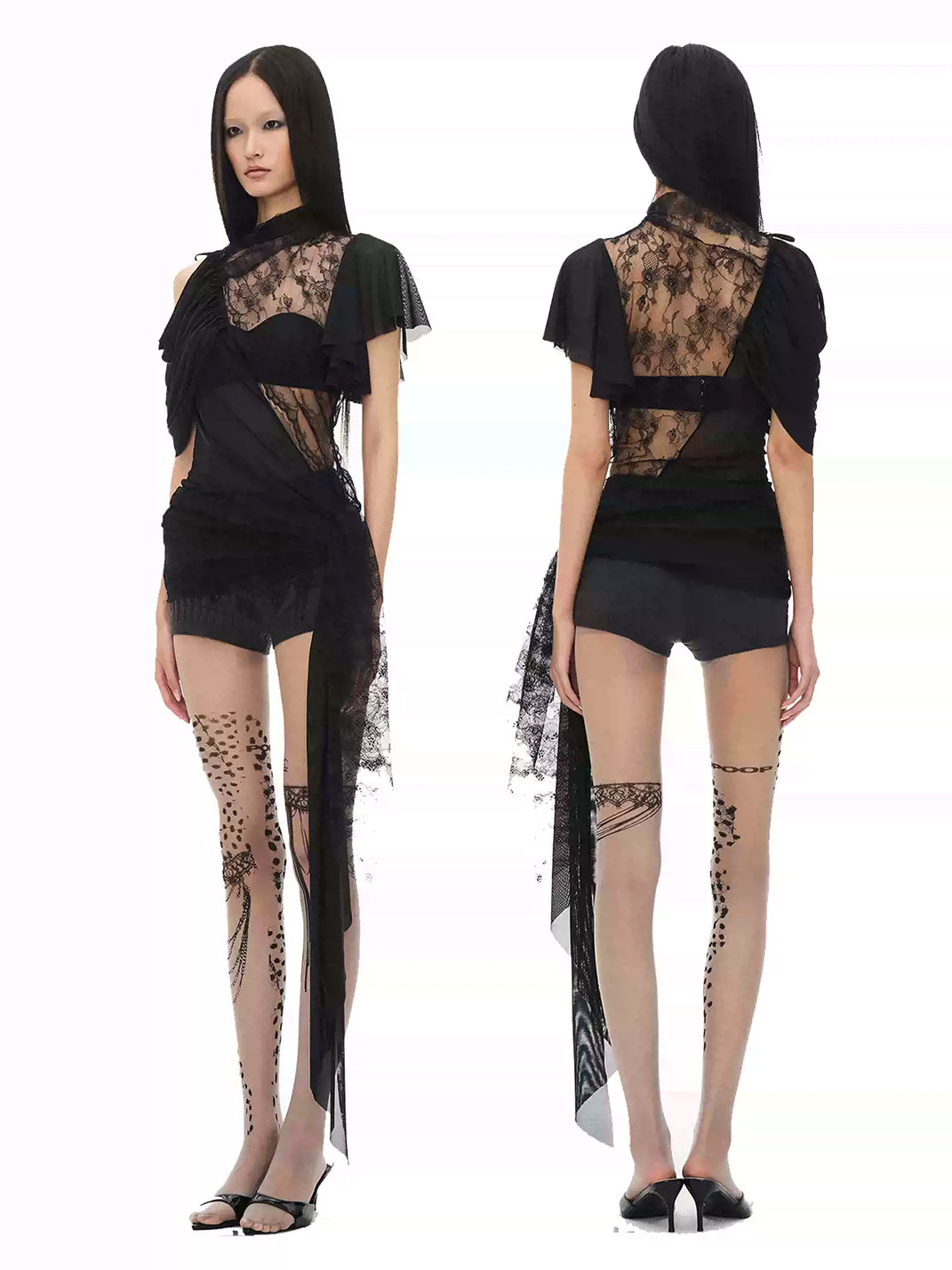 Lace-Overlay Asymmetric Ruched Dress — product view 7