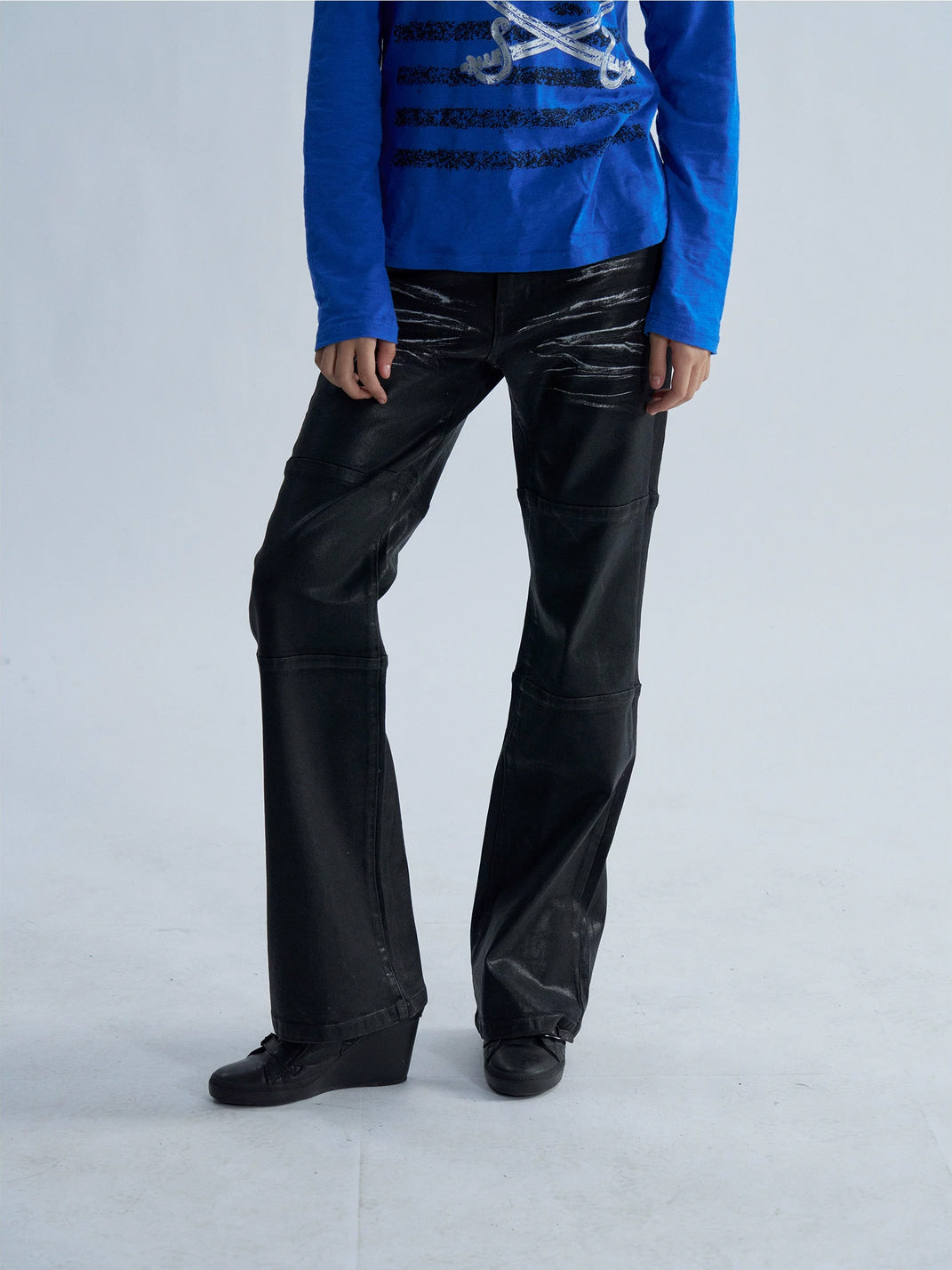 Wax-Finish Panel-Seam Flare Jeans — product view 6