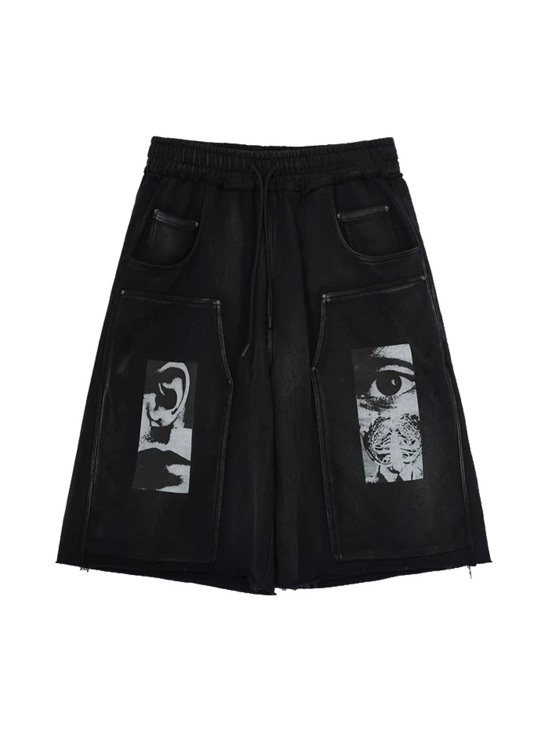 Graphic-Pocket Studded Cotton Long Shorts — product view 1