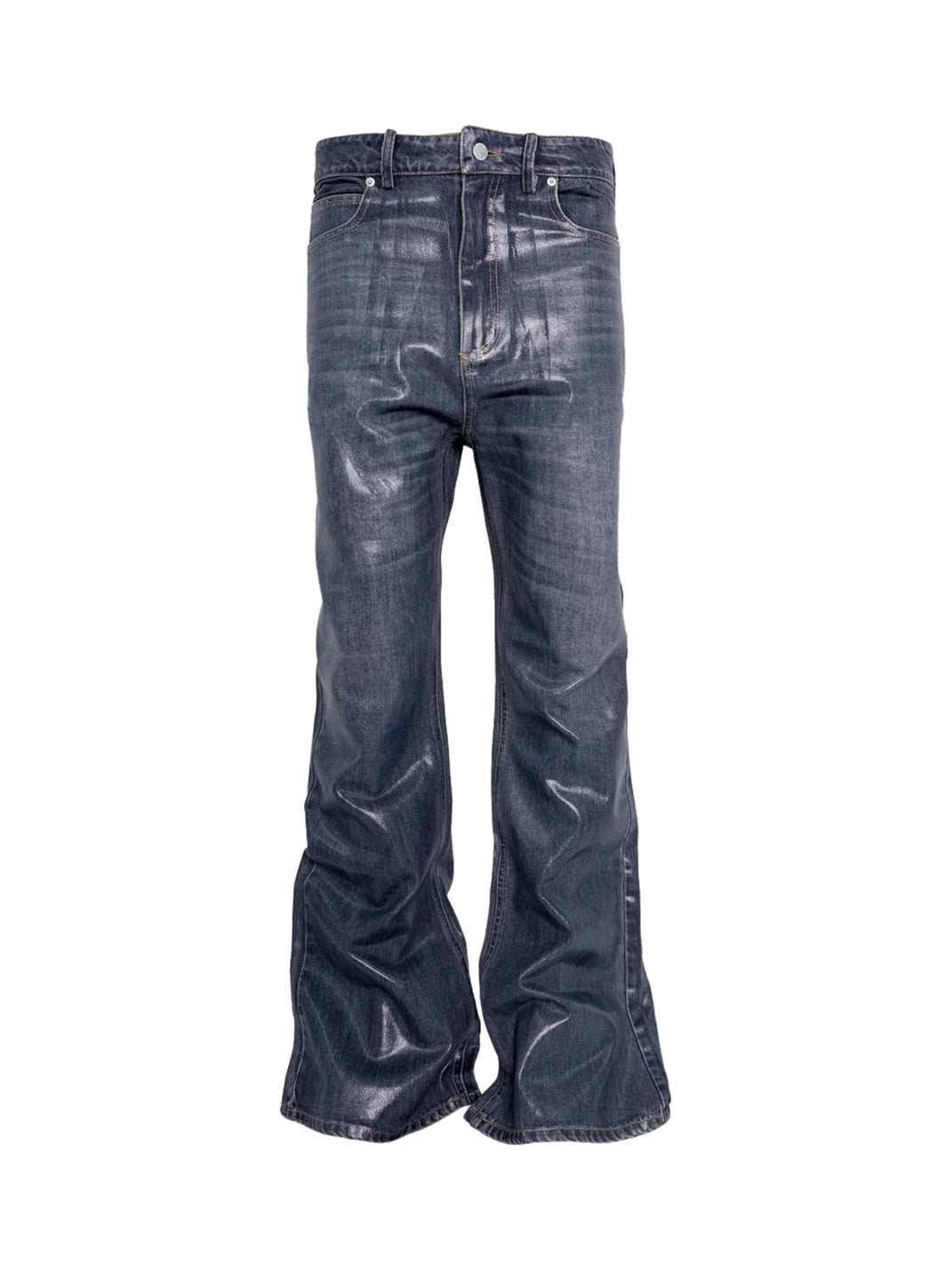 Gloss-Coated Indigo Flare Jeans — product view 1