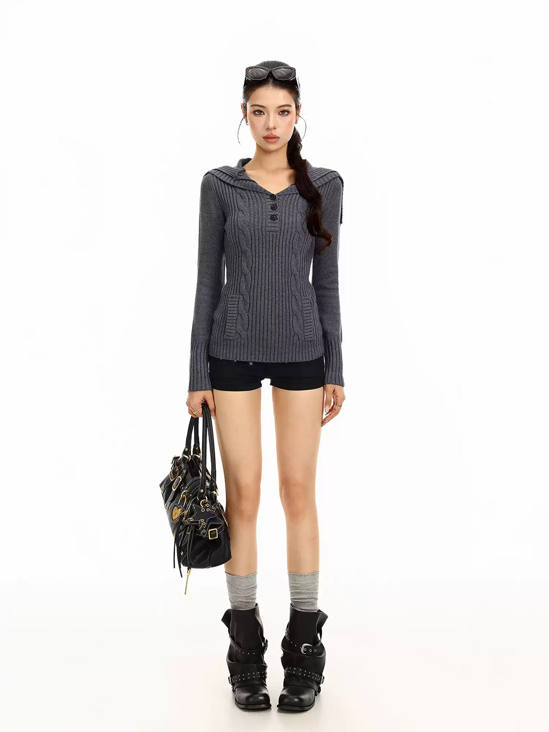 Wide-Collar Cable Knit Pullover — product view 7