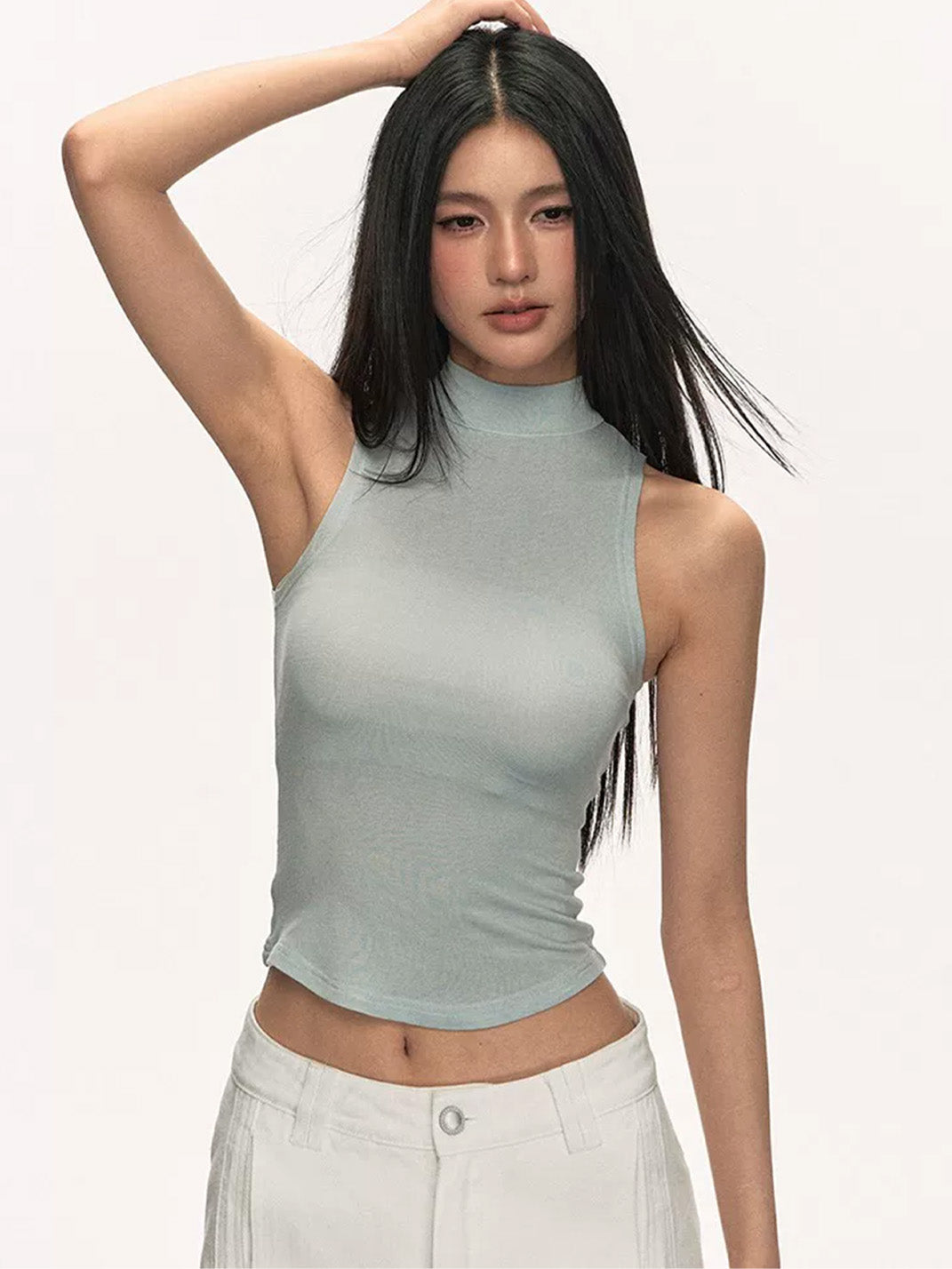 Ice Blue Mock-Neck Knit Crop Top — view 2