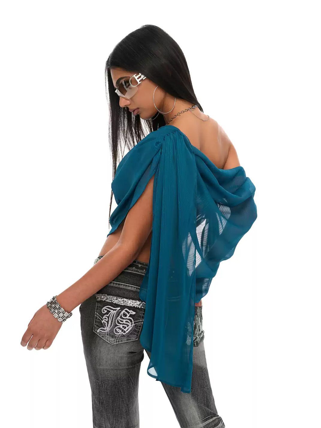 Peacock Shimmer Draped Chiffon Top — view 2