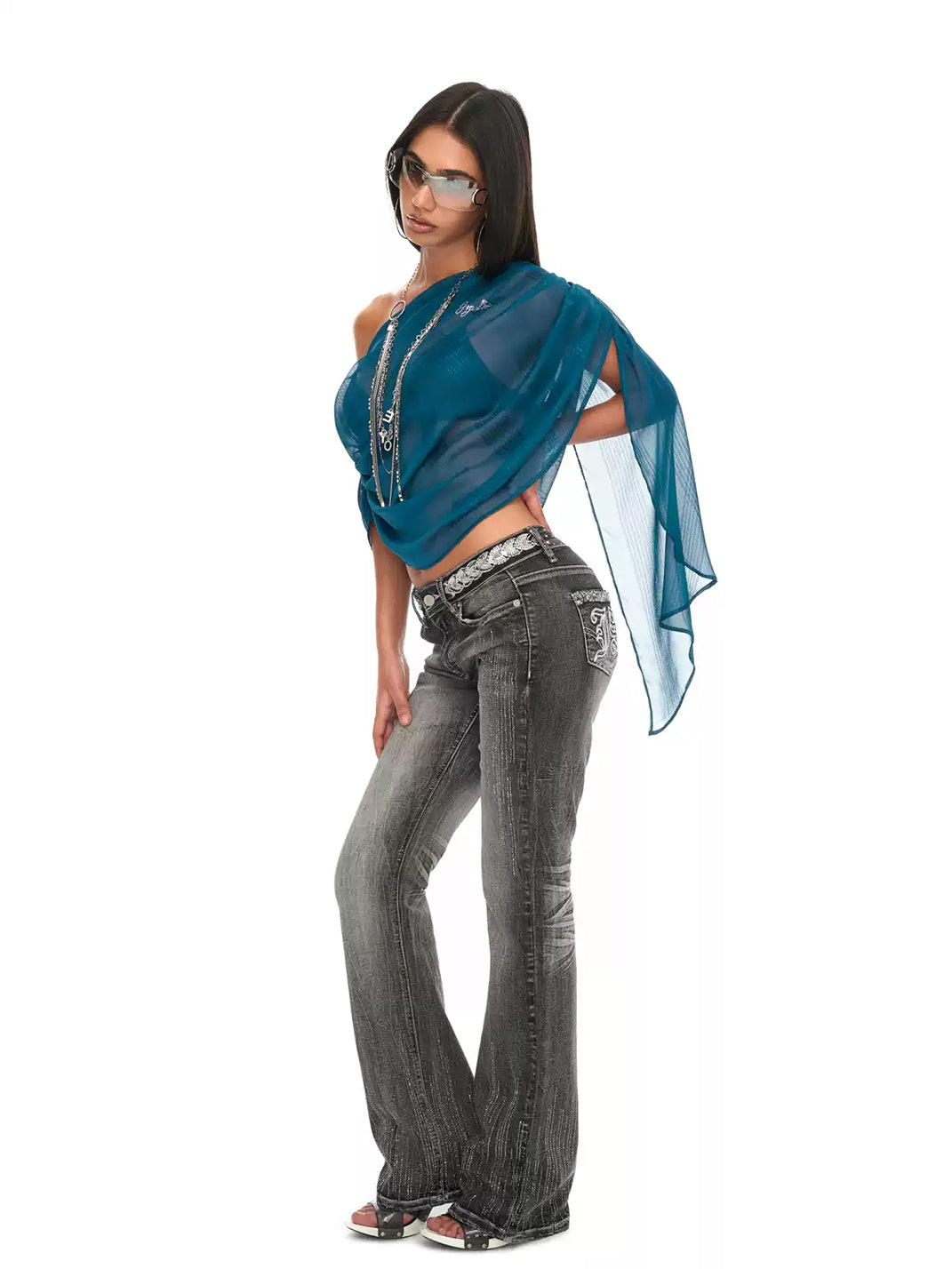 Peacock Shimmer Draped Chiffon Top — view 3